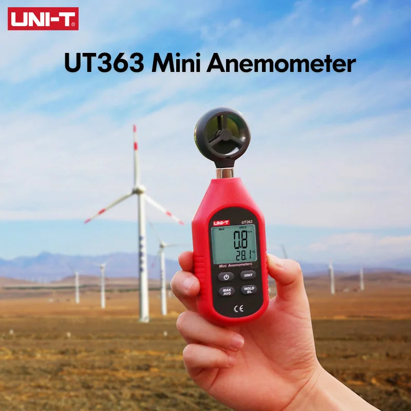 UNI-T UT363 handheld vane anemometer used for outdoor wind-speed checks