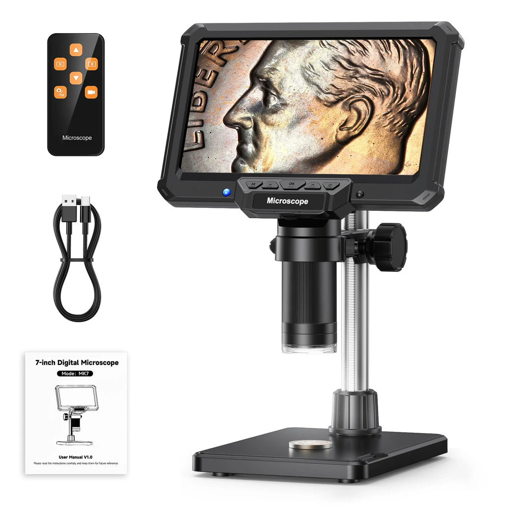 MK7 1200X 7-inch digital microscope with stand, remote and USB-C cable