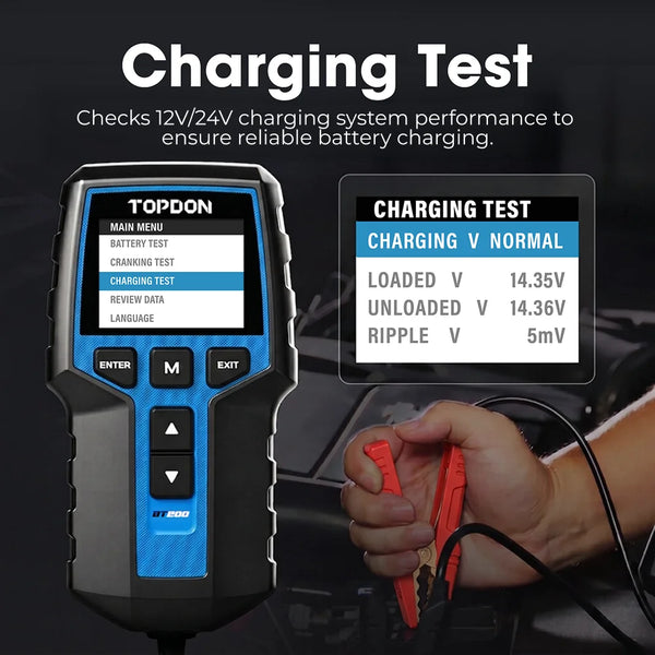 TOPDON BT200 12V and 24V charging-system test display