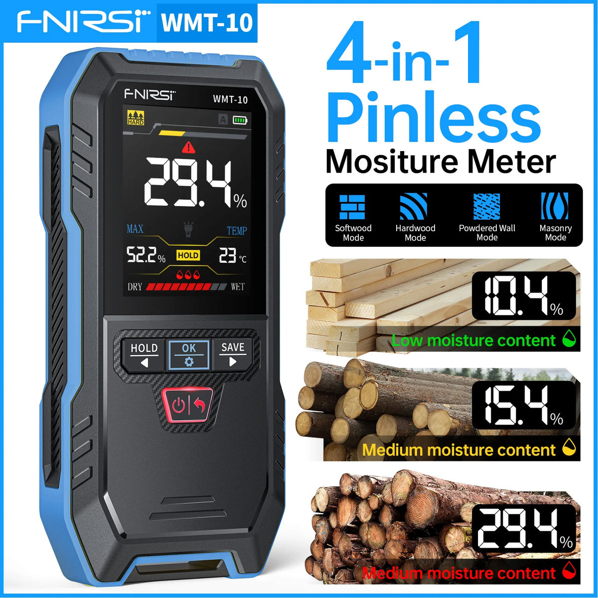 FNIRSI WMT-10 pinless moisture meter with four material preset modes Main image