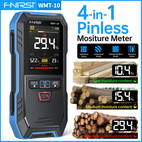 FNIRSI WMT-10 pinless moisture meter with four material preset modes
