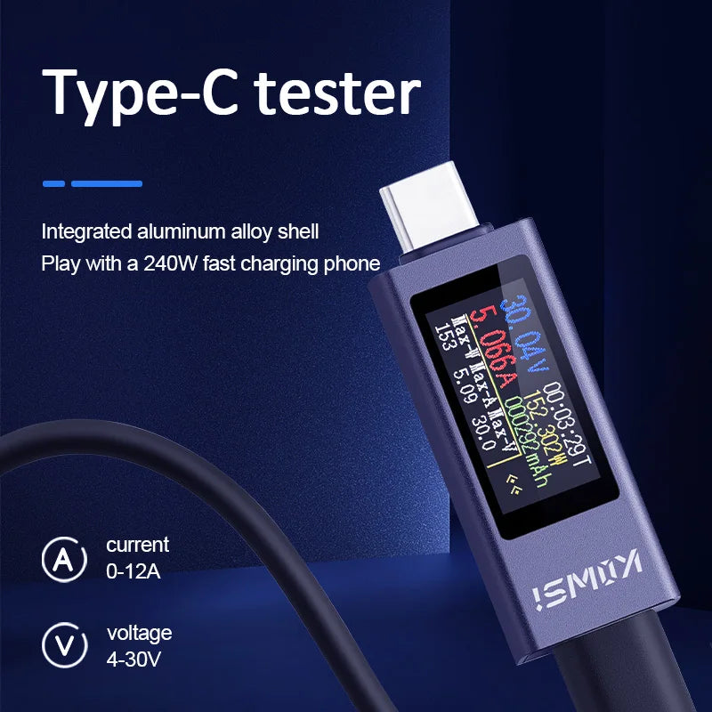 KWS-2302C USB-C power meter measuring 4–30 V and up to 12 A