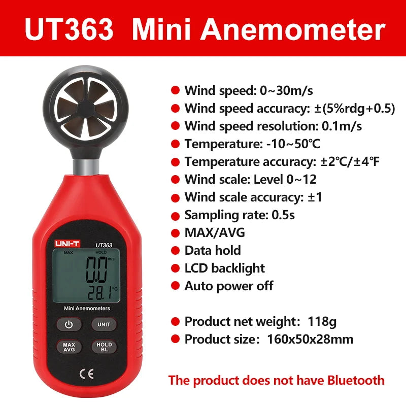 UNI-T UT363 mini anemometer with 0–30 m/s wind-speed specifications