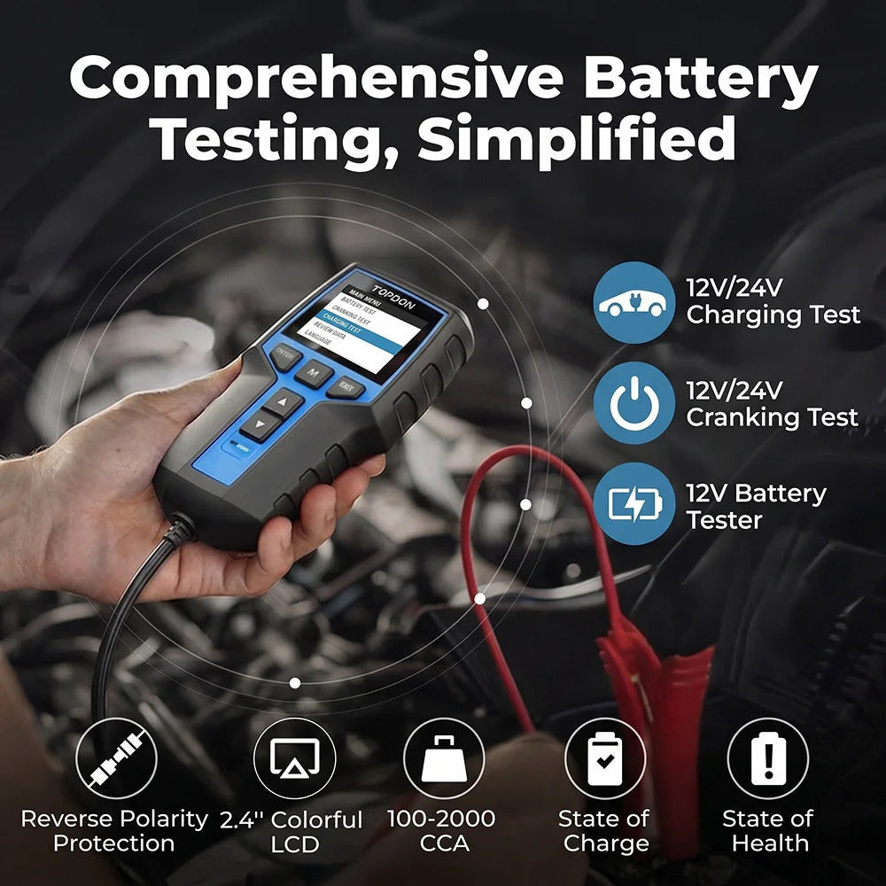 TOPDON BT200 battery tester features and 12V or 24V system test modes