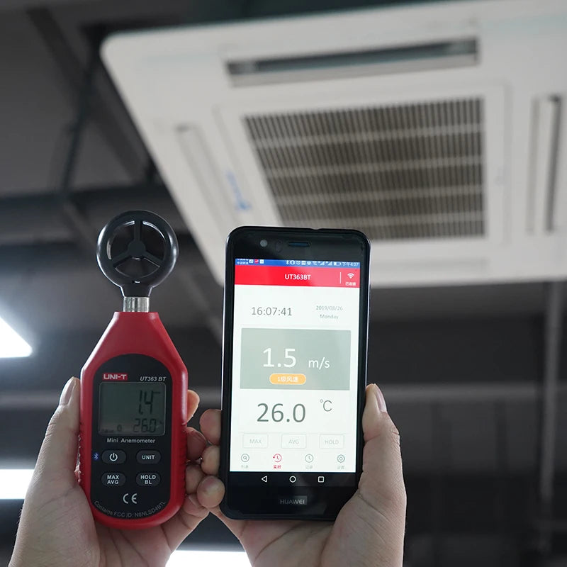 UNI-T UT363BT Bluetooth anemometer connected to the iENV mobile app