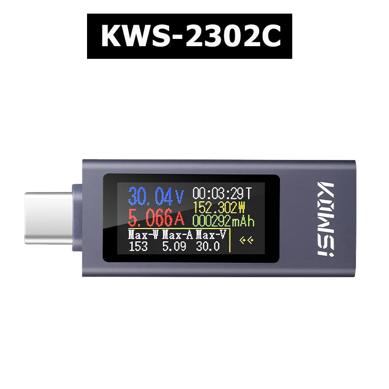 KWS-2302C USB-C charger tester front view with TFT display