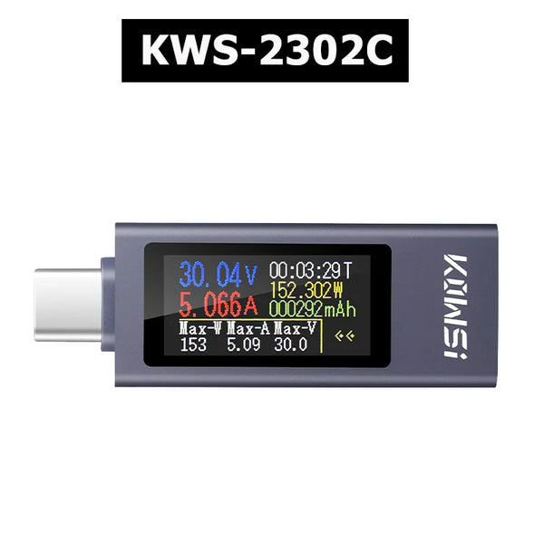 KWS-2302C USB-C charger tester front view with TFT display
